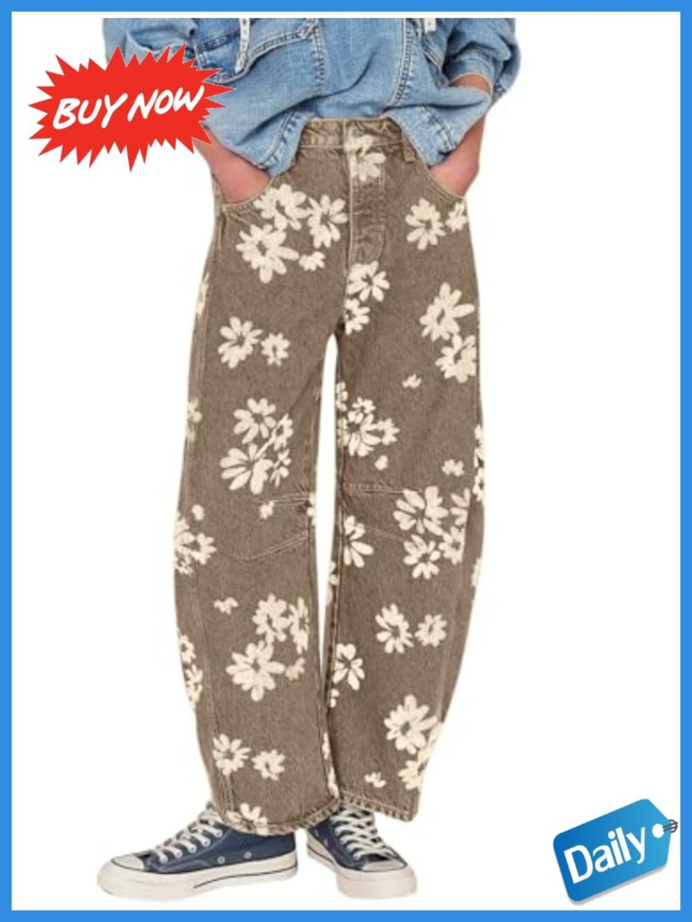 Baggy Wide Leg Barrel Jeans Mid Rise Floral Printed Boyfriend Denim Pants